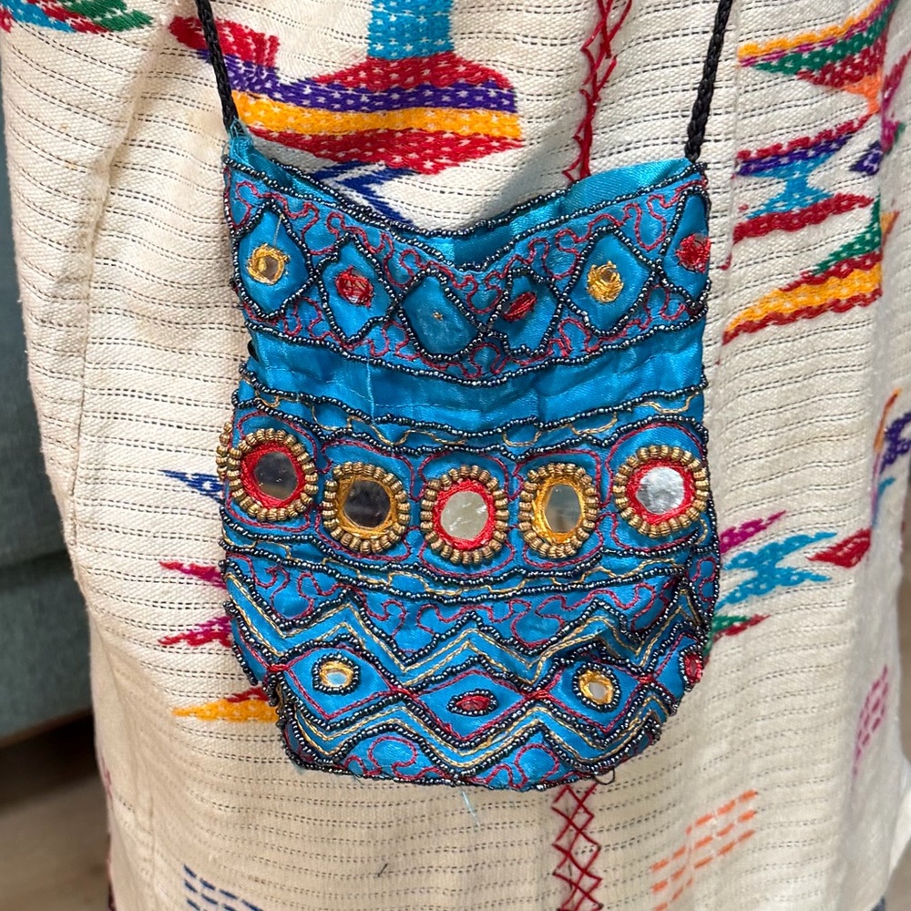 Boho Embroidered Blue Ethnic Festival Beaded Round Crossbody Drawstring Bag